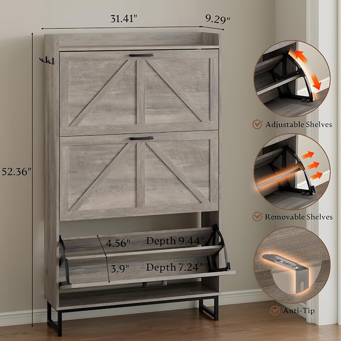 BORNOON Shoe Cabinet with 3 Flip Drawers Narrow Shoe Storage Cabinet Organizer - Image 2