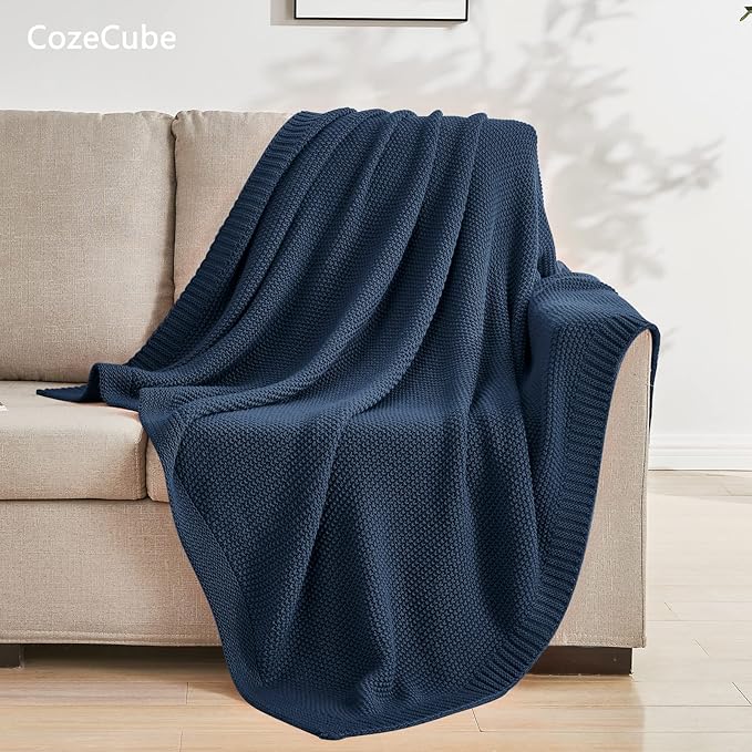 CozeCube Navy Blue Seed Stitch Throw Blanket 50"x60", Farmhouse Decor | Blanket - Image 3