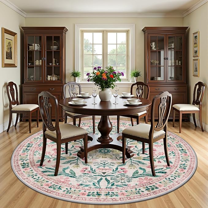PLHXFR Round Area Rug Living Room: 8 ft Floral Washable Carpet Pink Green | - Image 3