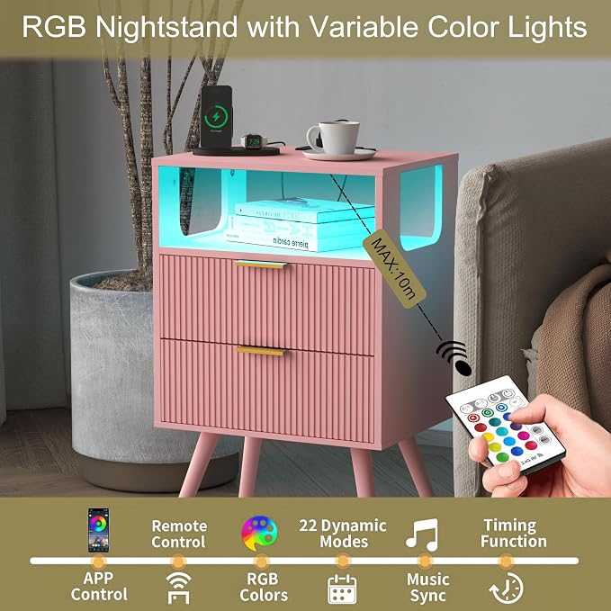 JOONEE Pink Nightstand with Charging Station and LED Lights, Modern Bedside - Image 5