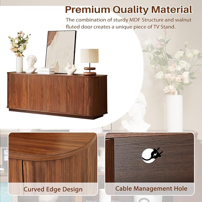 Fluted TV Stand for TVs Up to 75 Inch, Walnut Mid Century Modern TV Console for - Image 5