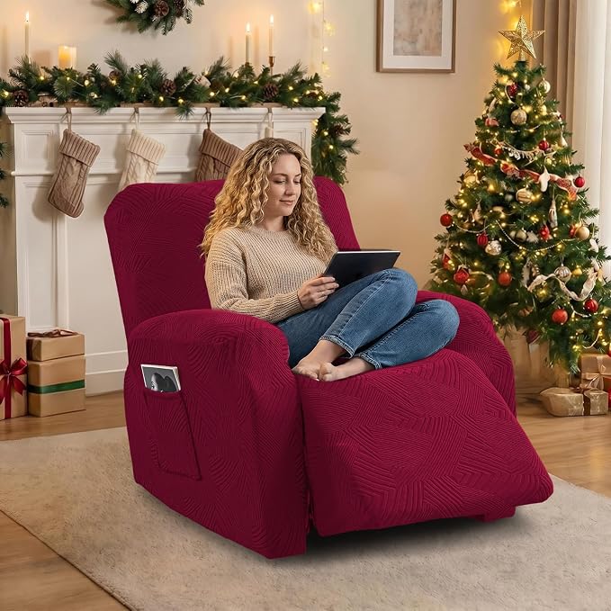 Oversized Recliner Chair Covers, 4-Piece Stretch Geometric Strokes Jacquard - Image 5
