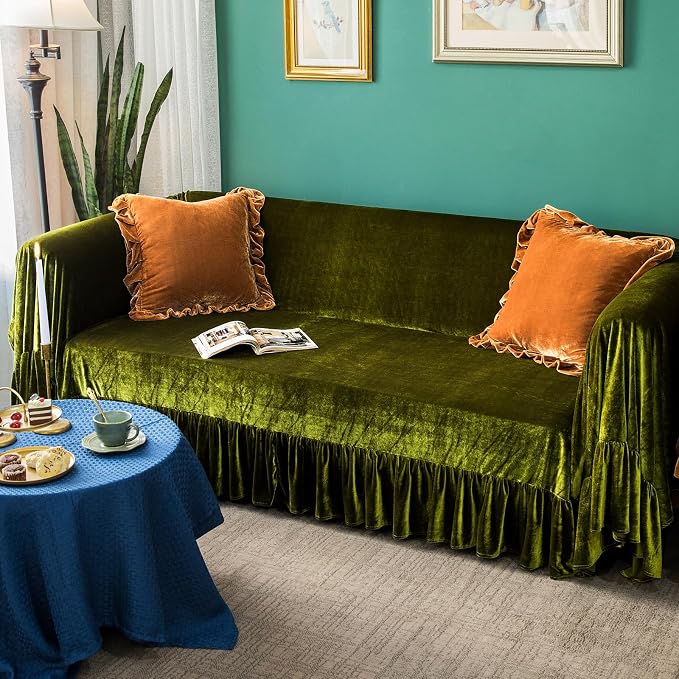 GLORY SEASON Velvet Sofa Cover Soft Decorative Luxurious Solid Exquisite Ruffle - Image 7