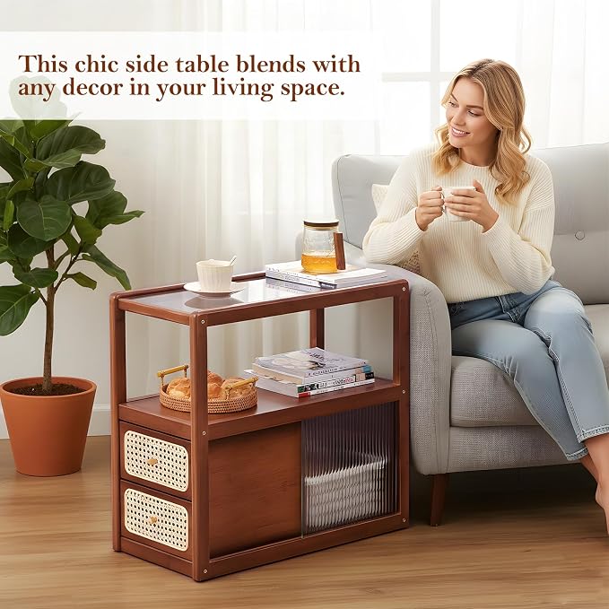 Tiita Rattan Nightstand Side Table, Bamboo Accent Bedside Tables, Glass Coffee - Image 5