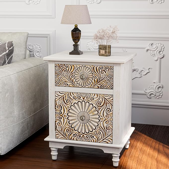 HOMPUS White Nightstand with Drawer & Storage, Fully-Assembled Flower Motif - Image 4