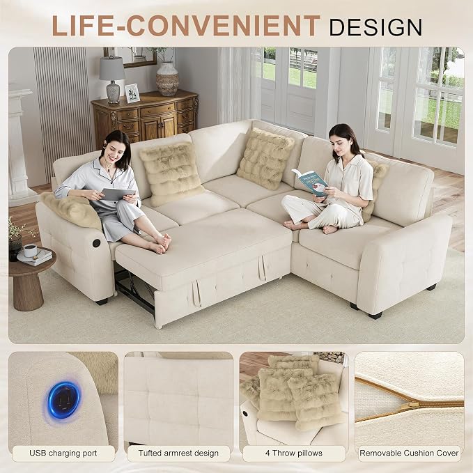 Hanherry Sectional Couch with Pull Out Sofa Bed, Chenille Sleeper Sofa with 2 - Image 6