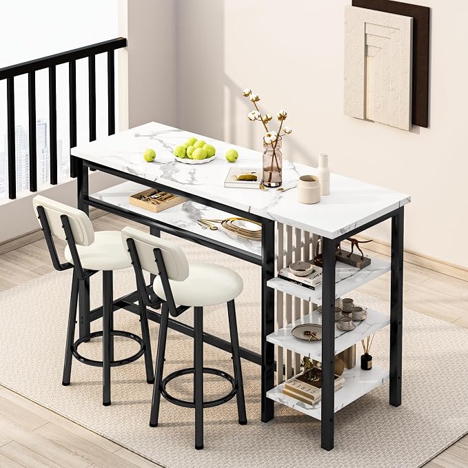 AWQM 3-Piece Bar Table and Chairs Set, Modern White Faux Marble Table - Image 3