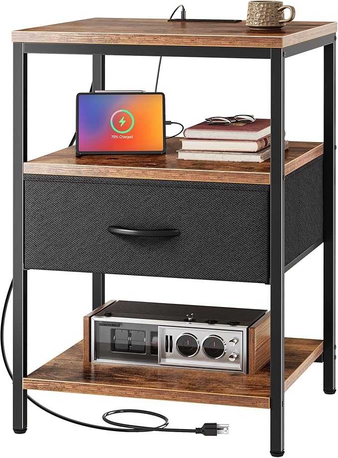 SUPERJARE Night Stand with Charger Station, 27.7 Inch Tall Nightstand with by SUPERJARE