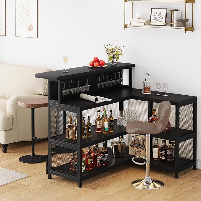 L-Shaped Home Bar Unit with Wine Glasses Holder and LED Light, Modern Bar Table - Image 4