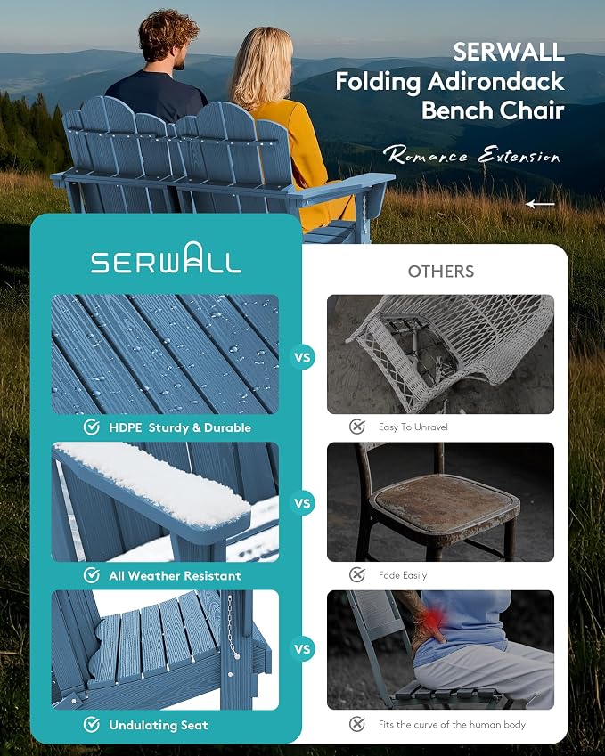 SERWALL Folding Adirondack Bench, HDPE All-Weather Adirondack Loveseat Set of 2 - Image 6
