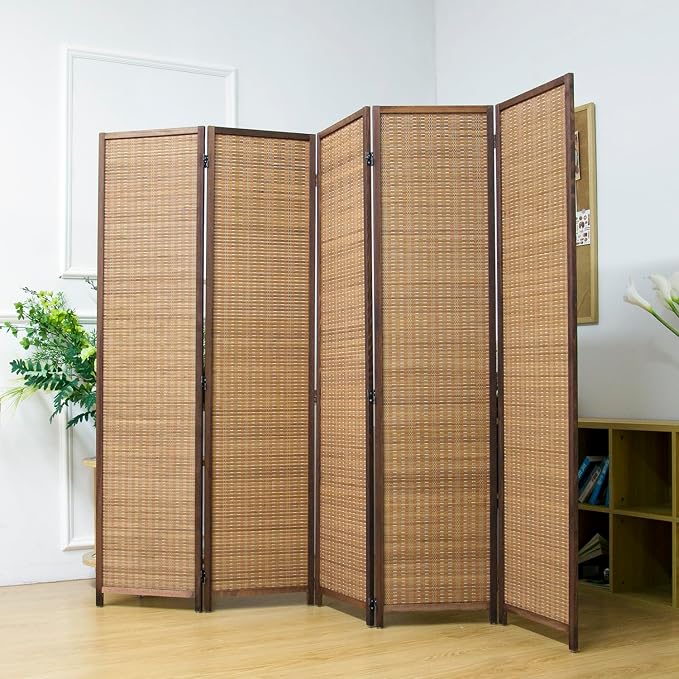 5 Panel Bamboo Room Divider Screen, 5.6 FT Tall Bamboo Divider Folding Privacy by PawlaBay