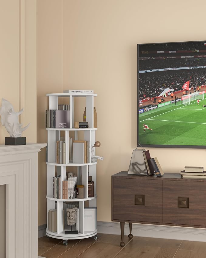 4-Tier Solid Wood Rotating Bookshelf on Wheels, 360° Spinning Book Shelf Tower - Image 9