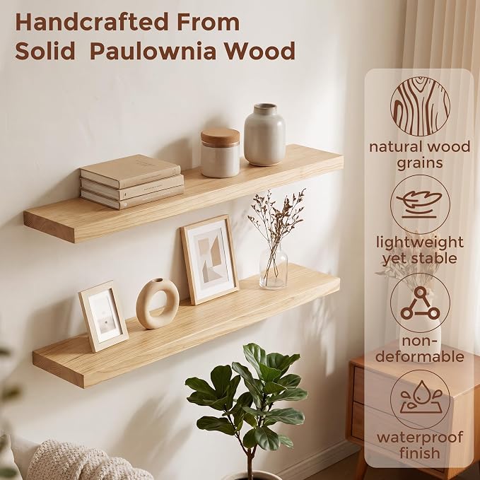 fuqing 40 Inch Floating Shelves | 6.7 Inch Deep Natural Wood Shelves Set of 2 | - Image 4
