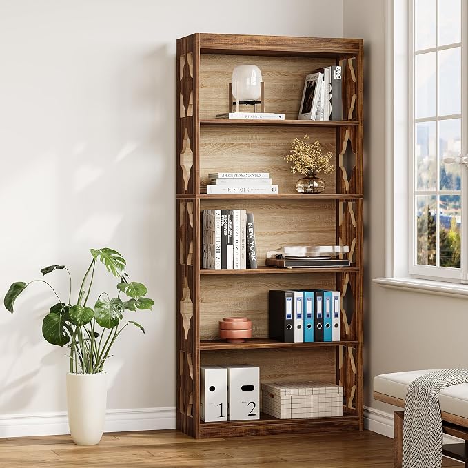 LITTLE TREE 69.9" Vintage Bookshelf, 5-Tier Tall Bookshelves, Cutout Design - Image 3
