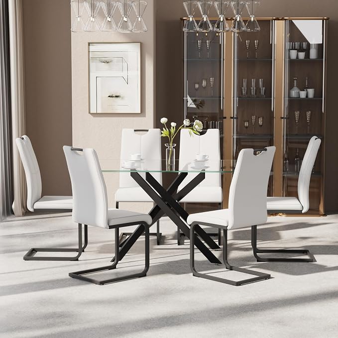 7-Piece Dining Table Set for 6, Modern Rectangular Glass Table - Image 3