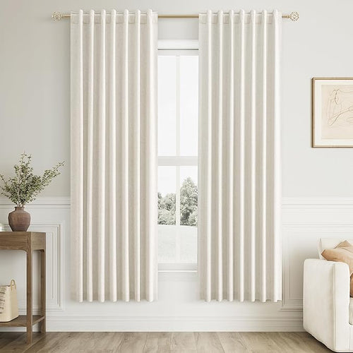 100% Blackout Linen Curtains for Bedroom 74 Inches Long Natural Cream Black Out by Guken