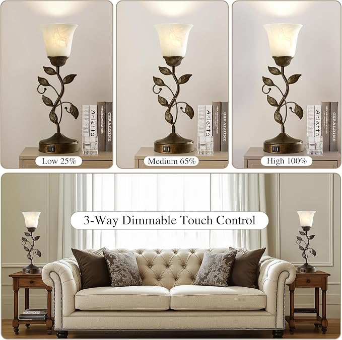 Set of 2 Touch Farmhouse Bedroom Table Lamps, Nightstand Vintage Flower Lamps - Image 3