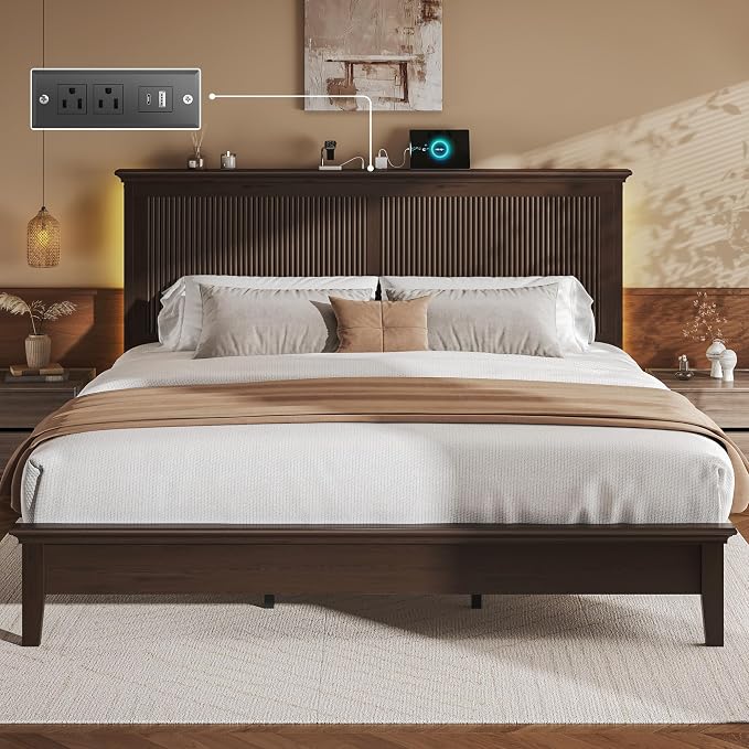 Lifezone King Bed Frame with Headboard, Solid Wood Bed Frame King Size with - Image 6