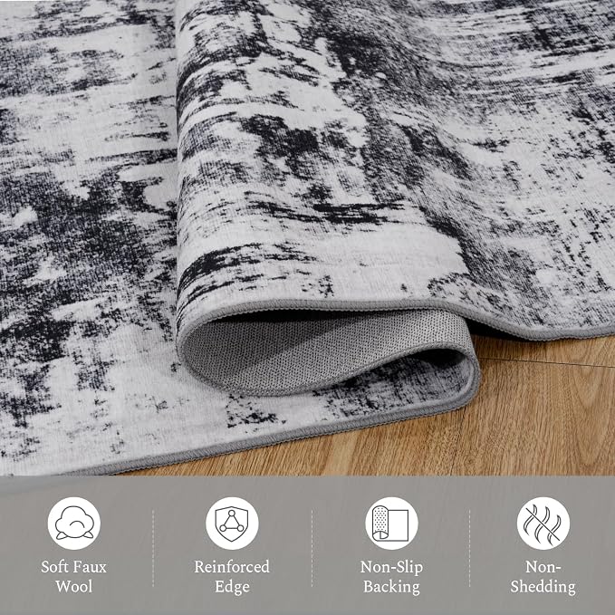 Rugflix Round Area Rugs 8Ft for Living Room, Washable Black Grey Circle Rug | - Image 7