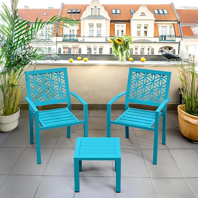 VINGLI 3-Piece Outdoor Bistro Set, Stackable Modern Metal Steel Table and Chairs - Image 7
