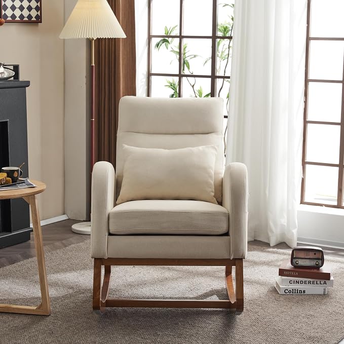 VINGLI Beige Linen Nursery Rocking Chair - Image 8