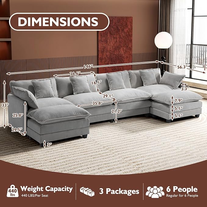 Ihanherry 146" U-Shaped Modern Sofa Modular Sectional Cloud Couch - Image 2