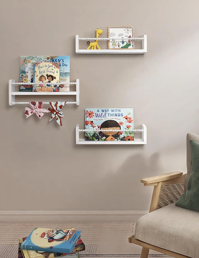 Maxpeuvon Nursery Bookshelves Set of 3, Natural Wood Nursery Floating Shelves - Image 5