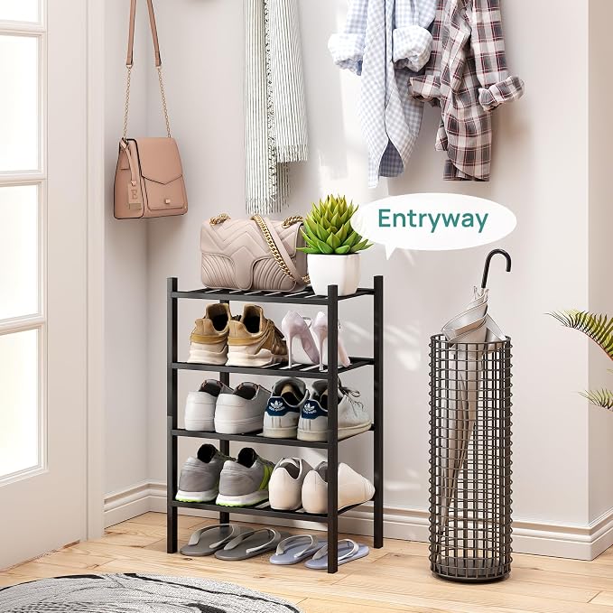 viewcare Black Small Shoe Rack for Entryway, 4-Tier Bamboo Shoe Organizer for - Image 3