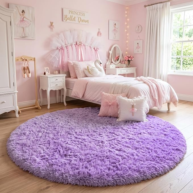 Amdrebio Purple Fluffy Round Circle Area Rug 4Ft - Image 5