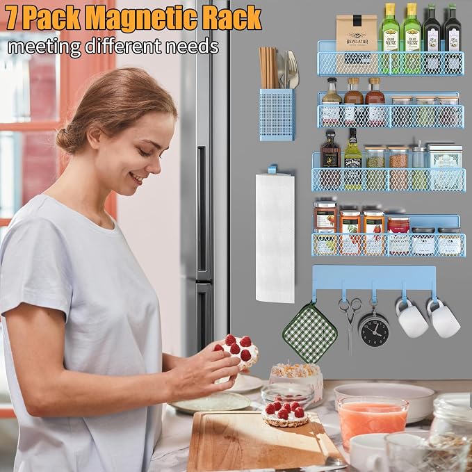 Magnetic Spice Rack for Refrigerator, 7 Pack Metal Magnetic Shelf Blue - Image 6