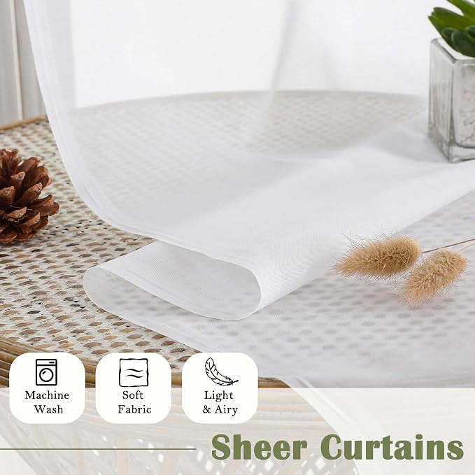 Sheer White Curtains 96 Inches Long 2 Panels Set, Solid Airy Voile Dual Rod - Image 7