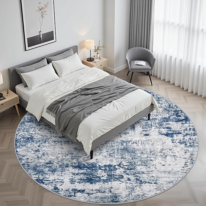 Round Area Rug Living Room: 6 ft Modern Washable Carpet Blue | - Image 2