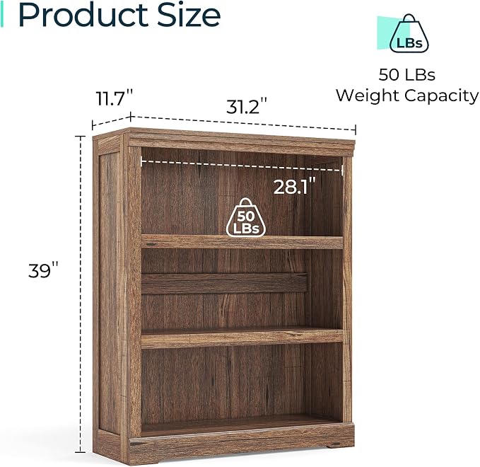 LINSY HOME 3-Tier Bookshelf Display Storage Shelves Farmhouse Bookshelf - Image 3