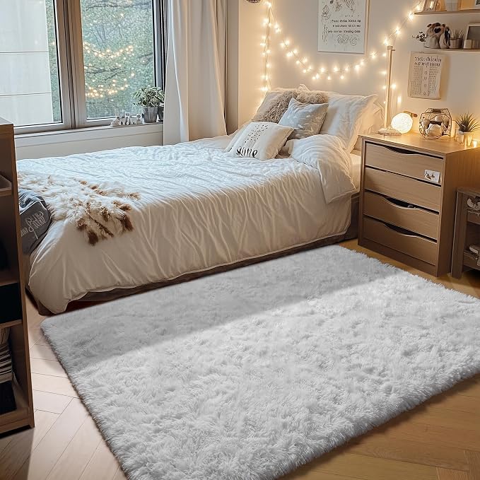 White Rugs for Bedroom, 3x5 Fluffy Shaggy Bedside Area Rug, Soft Plush Shag by ONASAR