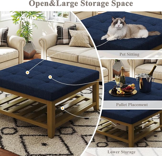 Befurtori Large Square Ottoman Coffee Table, Linen Solid Upholstered Footrest - Image 5
