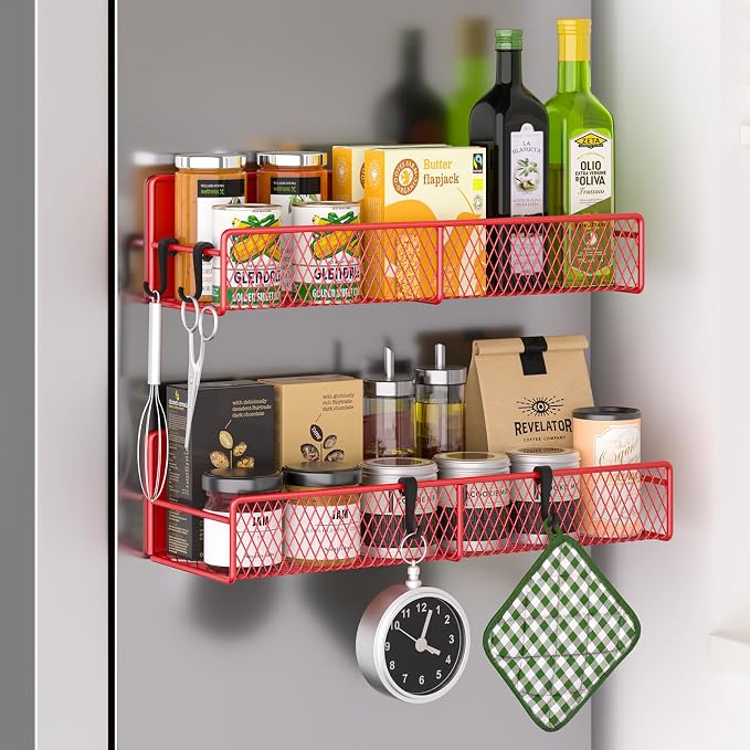 Magnetic Spice Rack for Refrigerator, 2 Pack 100% Metal Strong Magnet Shelf by DTUQYX