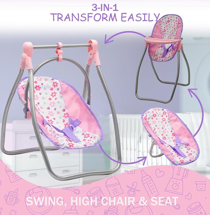Baby Doll Stroller Bed and Swing Nursery Playset, Baby Doll Accessories - Image 4