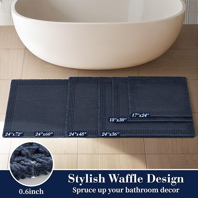 RESARE Waffle Bathroom Runner Rugs, Non Slip Boho Bath Mat 24"x72" Navy | Long - Image 5