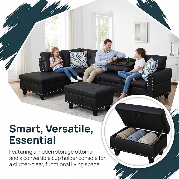 97.5" Leather L Shaped Couch Set Black, Modular Sectional Couches - Image 5