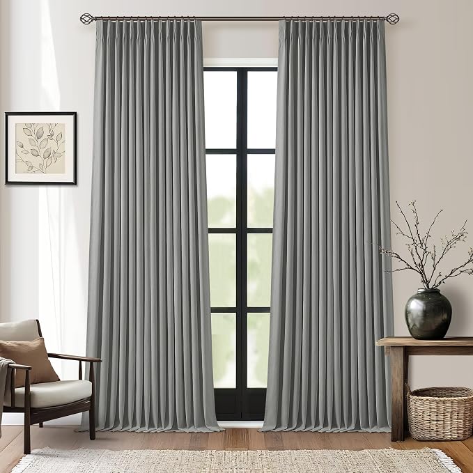 Charcoal Grey Pinch Pleated 100% Blackout Linen 96 Inch Bedroom Curtains | by Twodrapes