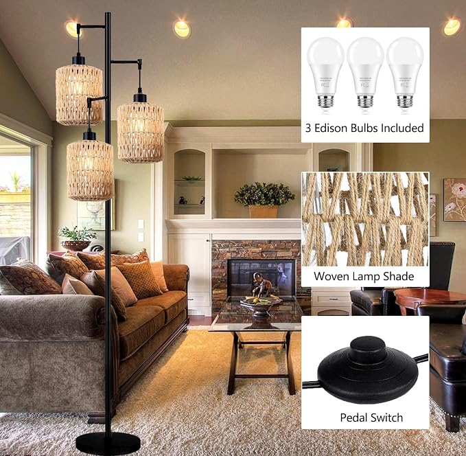 QIYIZM Floor Lamp for Living Room, 3-Lights Boho Rattan Tree Floor Lights - Image 5
