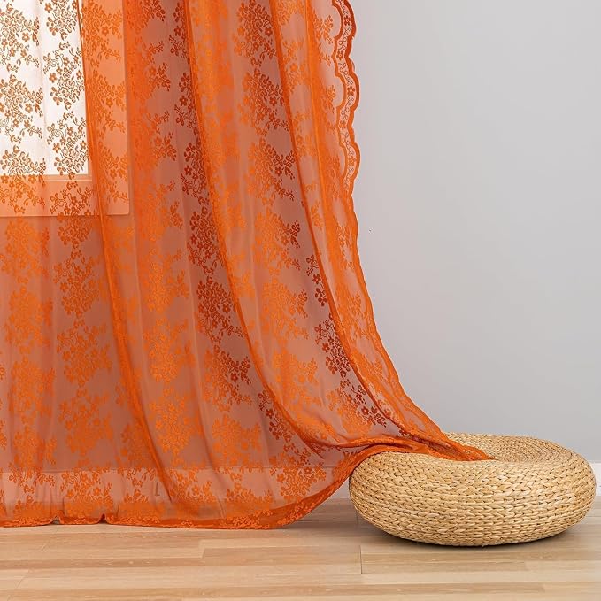 YJ YANJUN Orange Lace Curtains 54 Inch Length, Boho Chic Short Sheer Panels | - Image 4