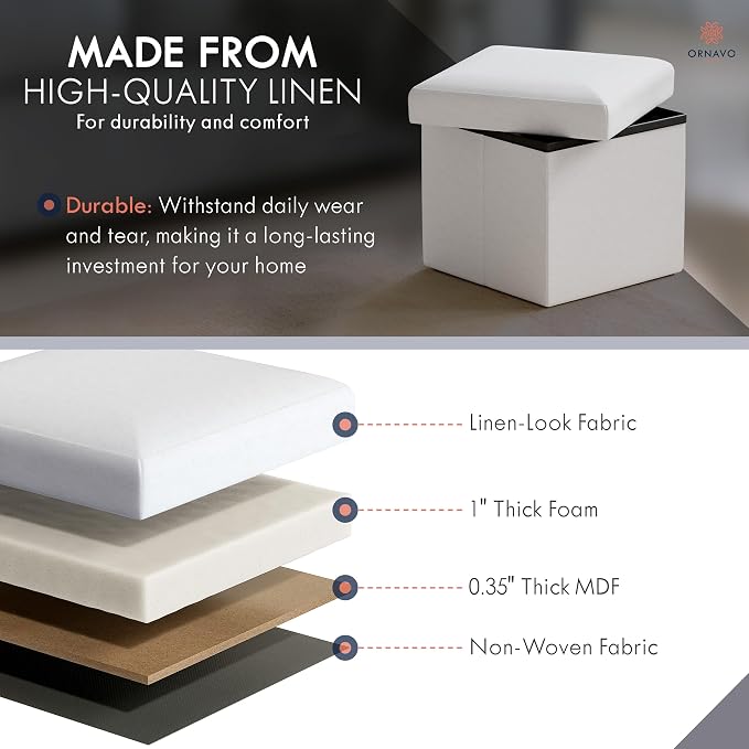 Ornavo Home Small Storage Ottoman Foldable Collapsible Cube Square Linen - Image 5