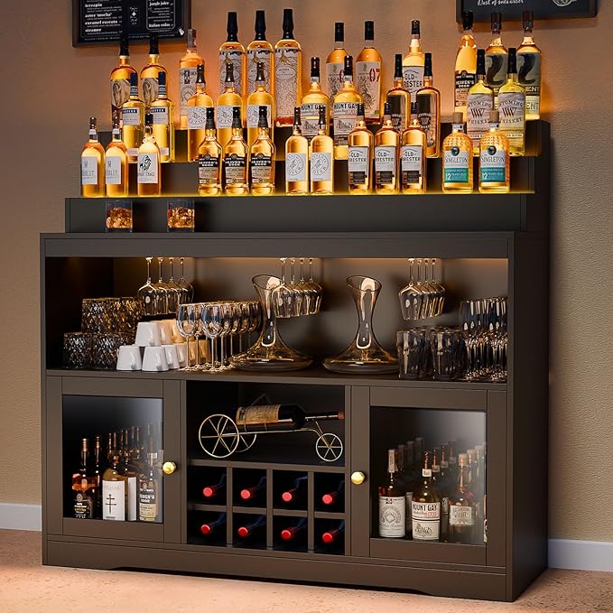 Loomie Wine Bar Cabinet with LED Lighted Liquor Bottle Display Shelf, Liquor by LOOMIEDirect