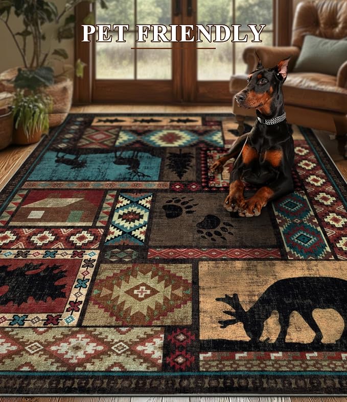 Rustic Cabin Area Rug 4x6, Machine Washable Lodge Bear Rug, Non-Slip Low Pile - Image 6