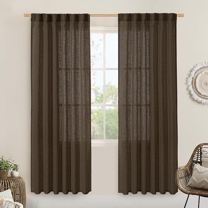 Dark Brown 78 inch Sheer Linen Curtains by LAMIT