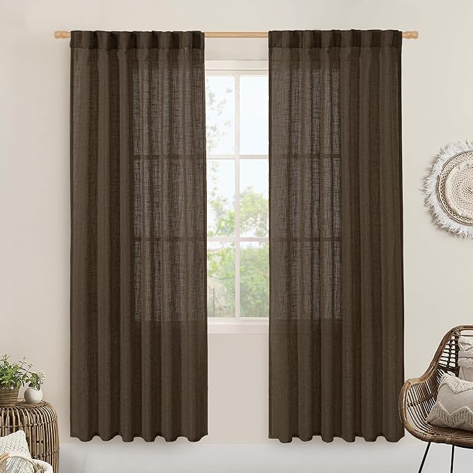 Dark Brown Sheer Linen Curtains, Light Filtering Drapes 2 Panels | 80 inch Semi by LAMIT