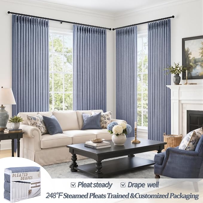 Extra Long 108 Inch Dusty Blue Pleated Linen Light Filtering Sheer Curtains - Image 4