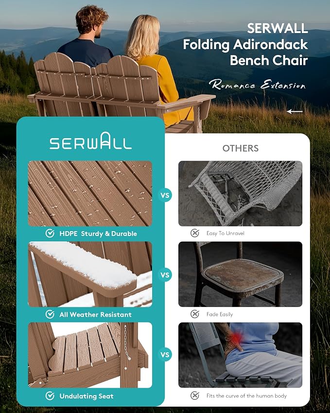 SERWALL Folding Adirondack Bench, HDPE All-Weather Adirondack Loveseat - Image 5