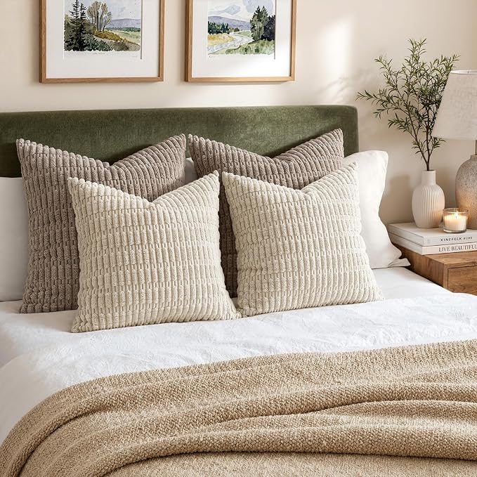 MIULEE Corduroy Decorative Throw Pillow Covers 12x12 Cream White Pack of 2 | - Image 5